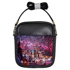 Moscow Kremlin Saint Basils Cathedral Architecture  Building Cityscape Night Fireworks Girls Sling Bag by Cowasu