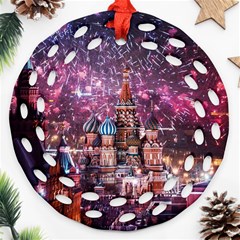 Moscow Kremlin Saint Basils Cathedral Architecture  Building Cityscape Night Fireworks Ornament (round Filigree) by Cowasu