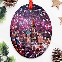 Moscow Kremlin Saint Basils Cathedral Architecture  Building Cityscape Night Fireworks Ornament (oval Filigree) by Cowasu