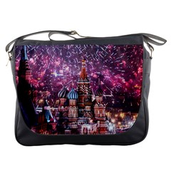 Moscow Kremlin Saint Basils Cathedral Architecture  Building Cityscape Night Fireworks Messenger Bag by Cowasu