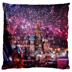 Moscow Kremlin Saint Basils Cathedral Architecture  Building Cityscape Night Fireworks Large Cushion Case (one Side) by Cowasu