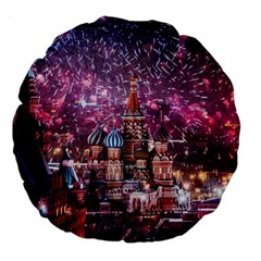 Moscow Kremlin Saint Basils Cathedral Architecture  Building Cityscape Night Fireworks Large 18  Premium Round Cushions by Cowasu