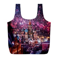 Moscow Kremlin Saint Basils Cathedral Architecture  Building Cityscape Night Fireworks Full Print Recycle Bag (l) by Cowasu