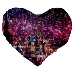 Moscow Kremlin Saint Basils Cathedral Architecture  Building Cityscape Night Fireworks Large 19  Premium Flano Heart Shape Cushions by Cowasu