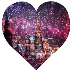 Moscow Kremlin Saint Basils Cathedral Architecture  Building Cityscape Night Fireworks Wooden Puzzle Heart by Cowasu