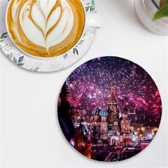 Moscow Kremlin Saint Basils Cathedral Architecture  Building Cityscape Night Fireworks Uv Print Round Tile Coaster by Cowasu