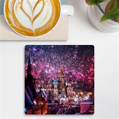 Moscow Kremlin Saint Basils Cathedral Architecture  Building Cityscape Night Fireworks Uv Print Square Tile Coaster  by Cowasu