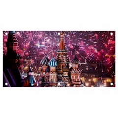 Moscow Kremlin Saint Basils Cathedral Architecture  Building Cityscape Night Fireworks Banner And Sign 4  X 2  by Cowasu