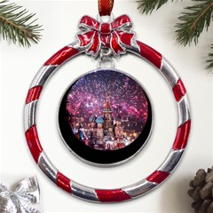 Moscow Kremlin Saint Basils Cathedral Architecture  Building Cityscape Night Fireworks Metal Red Ribbon Round Ornament by Cowasu