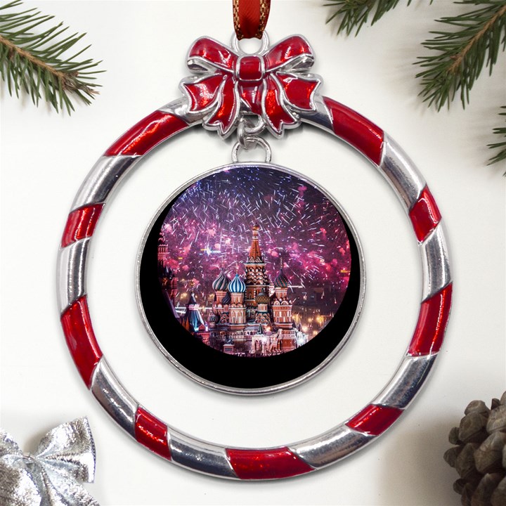 Moscow Kremlin Saint Basils Cathedral Architecture  Building Cityscape Night Fireworks Metal Red Ribbon Round Ornament