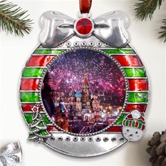 Moscow Kremlin Saint Basils Cathedral Architecture  Building Cityscape Night Fireworks Metal X mas Ribbon With Red Crystal Round Ornament by Cowasu