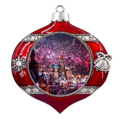 Moscow Kremlin Saint Basils Cathedral Architecture  Building Cityscape Night Fireworks Metal Snowflake And Bell Red Ornament by Cowasu