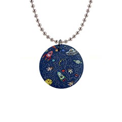 Cat Cosmos Cosmonaut Rocket 1  Button Necklace by Cowasu