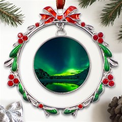 Iceland Aurora Borealis Metal X mas Wreath Ribbon Ornament by Cowasu