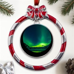 Iceland Aurora Borealis Metal Red Ribbon Round Ornament by Cowasu