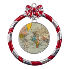 Vintage World Map Metal Red Ribbon Round Ornament