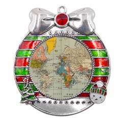 Vintage World Map Metal X mas Ribbon With Red Crystal Round Ornament by Cowasu