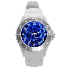 Blue Roses Flowers Plant Romance Blossom Bloom Nature Flora Petals Round Plastic Sport Watch (l) by Cowasu