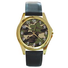 Texture Military Camouflage Repeats Seamless Army Green Hunting Round Gold Metal Watch by Cowasu