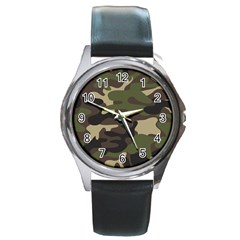 Texture Military Camouflage Repeats Seamless Army Green Hunting Round Metal Watch by Cowasu