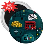 Seamless Pattern With Vehicles Building Road 3  Magnets (100 pack) Front