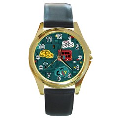 Seamless Pattern With Vehicles Building Road Round Gold Metal Watch by Cowasu