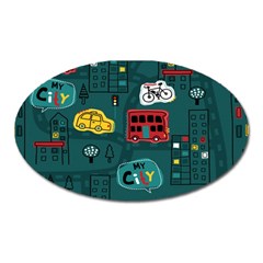 Seamless Pattern With Vehicles Building Road Oval Magnet by Cowasu