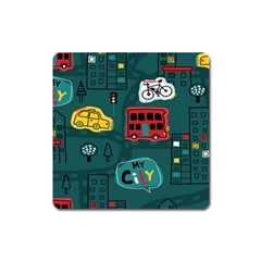 Seamless Pattern With Vehicles Building Road Square Magnet by Cowasu