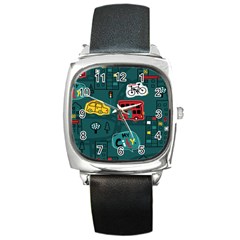 Seamless Pattern With Vehicles Building Road Square Metal Watch by Cowasu