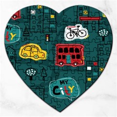 Seamless Pattern With Vehicles Building Road Jigsaw Puzzle (heart) by Cowasu