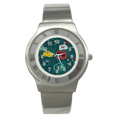 Seamless Pattern With Vehicles Building Road Stainless Steel Watch by Cowasu