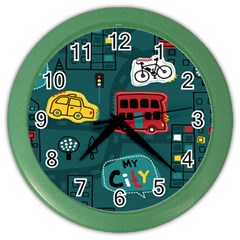 Seamless Pattern With Vehicles Building Road Color Wall Clock by Cowasu