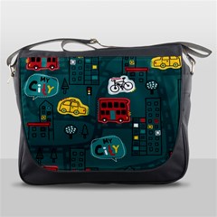 Seamless Pattern With Vehicles Building Road Messenger Bag by Cowasu