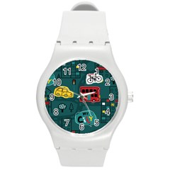 Seamless Pattern With Vehicles Building Road Round Plastic Sport Watch (m) by Cowasu