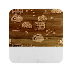 Seamless Pattern With Vehicles Building Road Marble Wood Coaster (square)