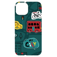 Seamless Pattern With Vehicles Building Road Iphone 14 Black Uv Print Case