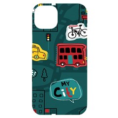 Seamless Pattern With Vehicles Building Road Iphone 14 Plus Black Uv Print Case