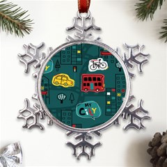 Seamless Pattern With Vehicles Building Road Metal Large Snowflake Ornament by Cowasu