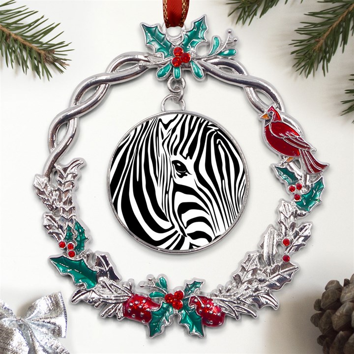 Animal Cute Pattern Art Zebra Metal X mas Wreath Holly leaf Ornament