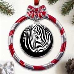 Animal Cute Pattern Art Zebra Metal Red Ribbon Round Ornament by Amaryn4rt