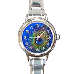 Blue Peacock Feather Round Italian Charm Watch by Amaryn4rt