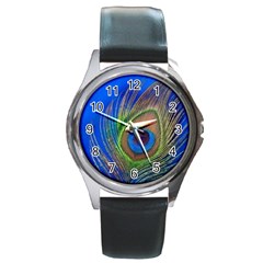 Blue Peacock Feather Round Metal Watch by Amaryn4rt