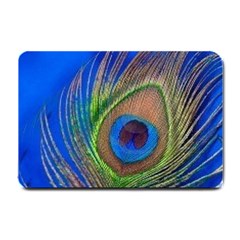 Blue Peacock Feather Small Doormat by Amaryn4rt