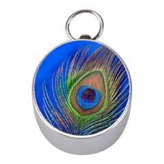 Blue Peacock Feather Mini Silver Compasses