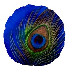 Blue Peacock Feather Large 18  Premium Flano Round Cushions by Amaryn4rt