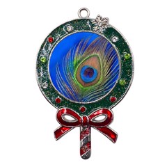 Blue Peacock Feather Metal X mas Lollipop With Crystal Ornament by Amaryn4rt