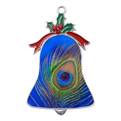 Blue Peacock Feather Metal Holly Leaf Bell Ornament by Amaryn4rt