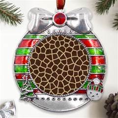 Giraffe Animal Print Skin Fur Metal X Mas Ribbon With Red Crystal Round Ornament