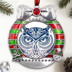 Owl Metal X mas Ribbon With Red Crystal Round Ornament