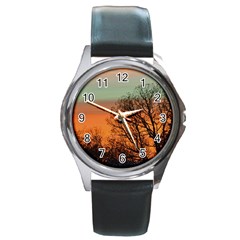 Twilight Sunset Sky Evening Clouds Round Metal Watch by Amaryn4rt